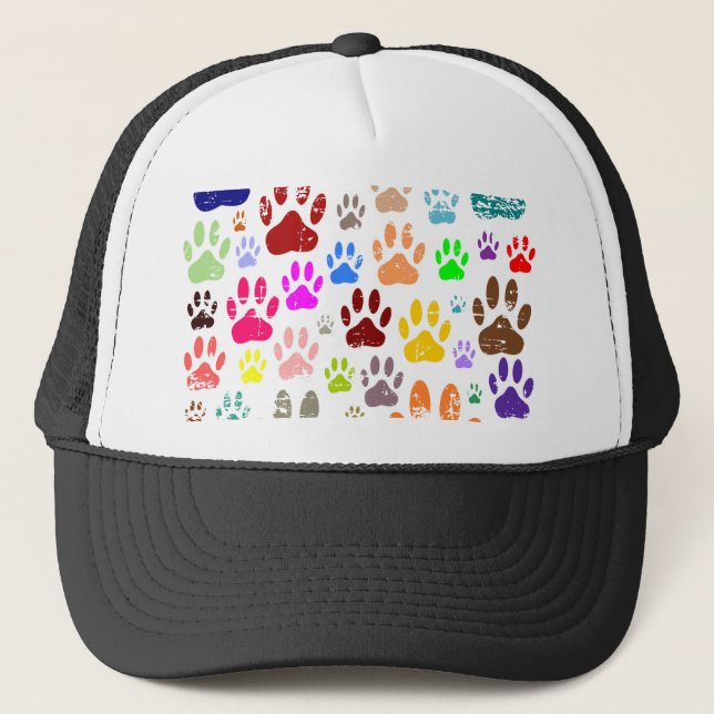 Distressed Colourful Dog Paw Prints Trucker Hat (Front)