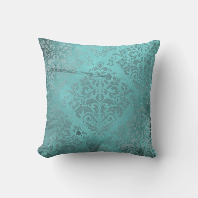Distressed Damask Aqua Cushion (Front)