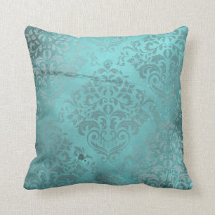 Distressed Damask Aqua Cushion