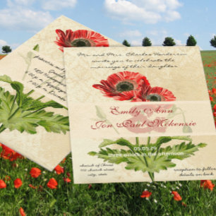 Distressed Damask Botanical Poppy Wedding Invitation