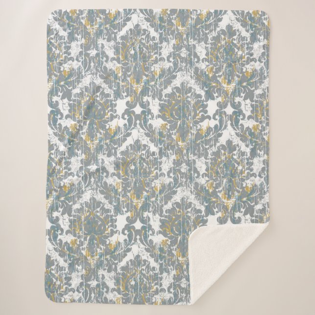 Distressed Damask Pattern Sherpa Blanket (Front)
