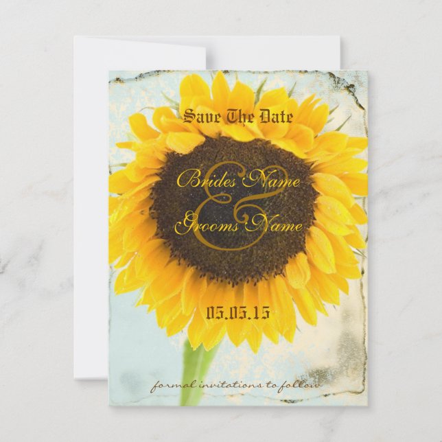 Distressed Damask Sunflower Wedding Save the Date (Front)
