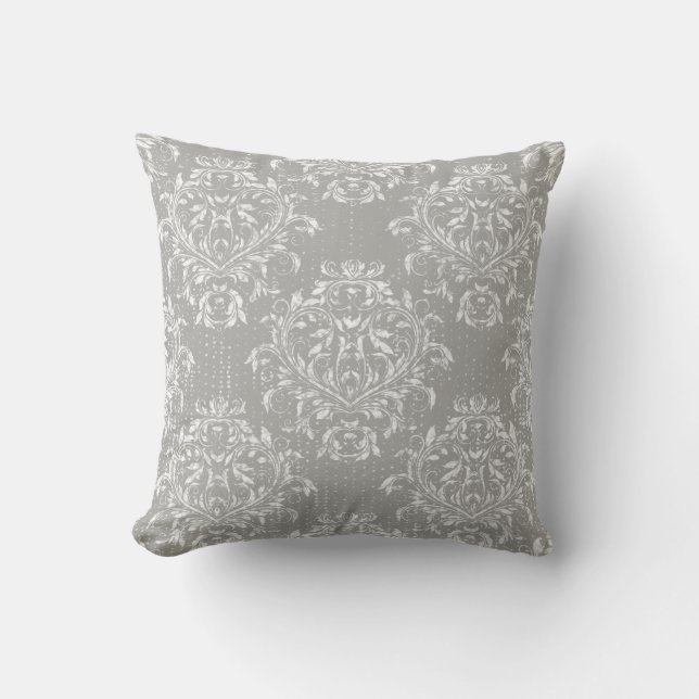 Distressed Damask Throw Pillow - Grey / Grey (Front)