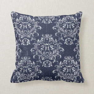 Distressed Damask Throw Pillow - Navy Blue