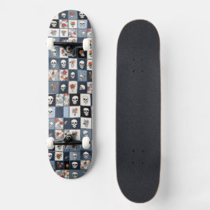 Distressed Denim Patchwork Skulls Floral Skateboard