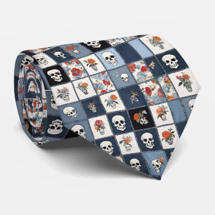 Distressed Denim Patchwork Skulls Floral Tie