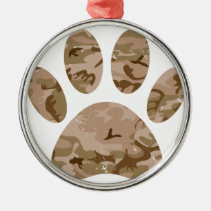 Distressed Desert Camo Dog Paw Print Metal Tree Decoration