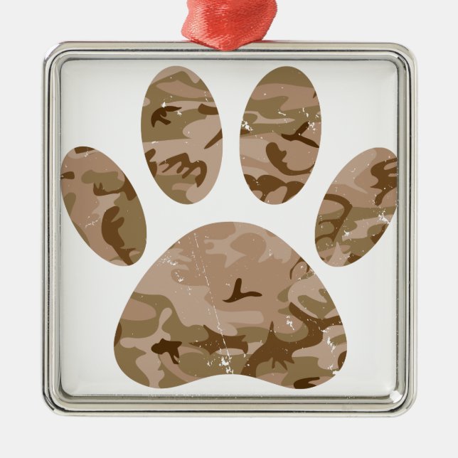 Distressed Desert Camo Dog Paw Print Metal Tree Decoration (Front)
