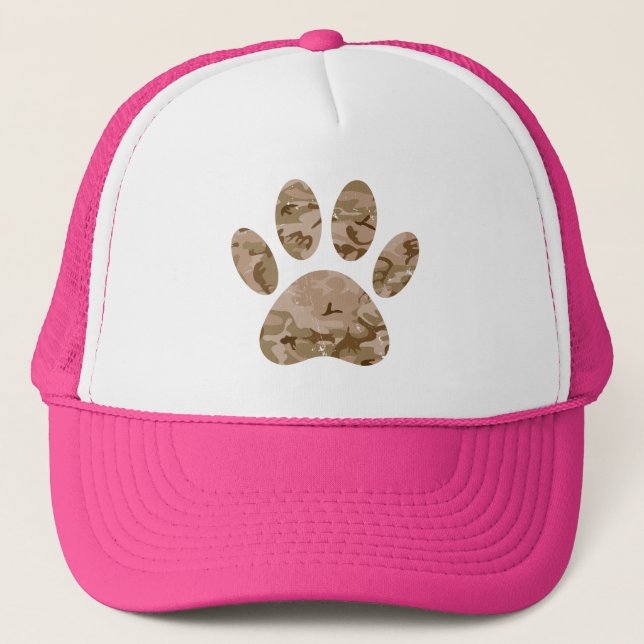 Distressed Desert Camo Dog Paw Print Trucker Hat (Front)