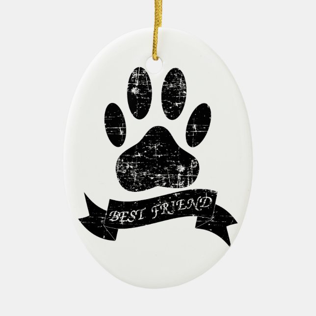 Distressed Dog Paw With Ribbon Ceramic Tree Decoration (Front)