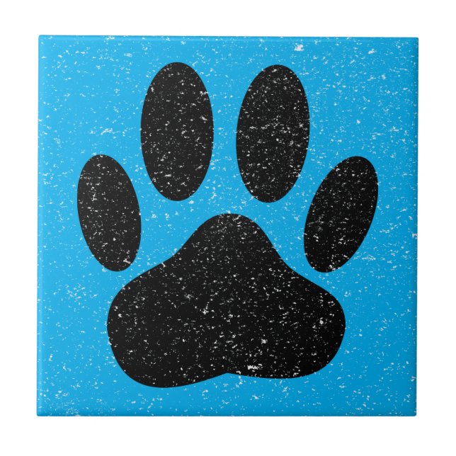 Distressed Dog Pawprint Square Blue Tile (Front)