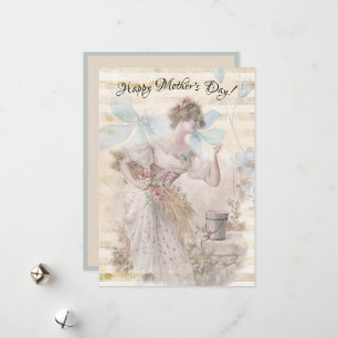 Distressed Fantasy Woman Gathering Flowers Grain Holiday Card