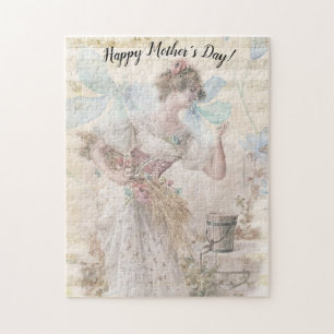 Distressed Fantasy Woman Gathering Flowers Grain Jigsaw Puzzle