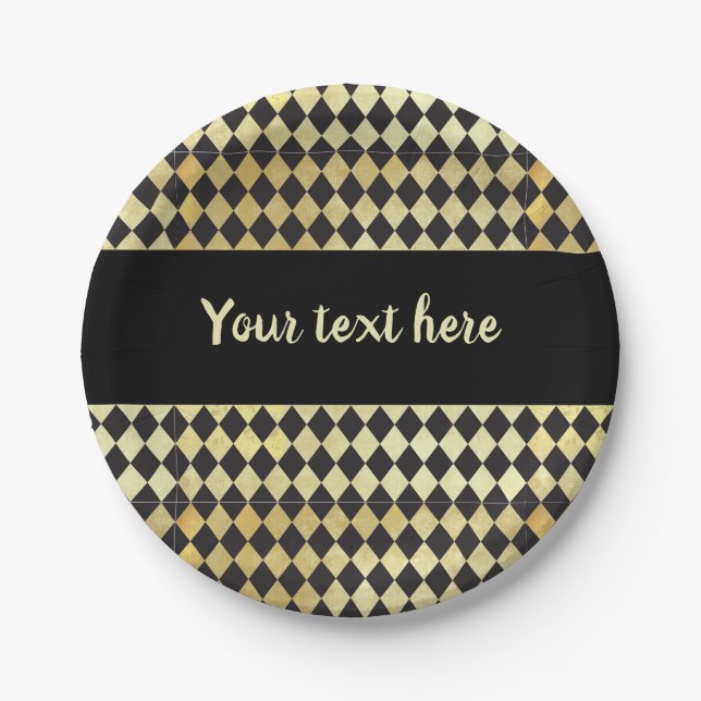 Distressed Gold and Black Vintage Harlequin Paper Plate (Front)