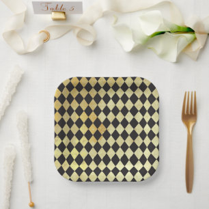 Distressed Gold and Black Vintage Harlequin  Paper Plate