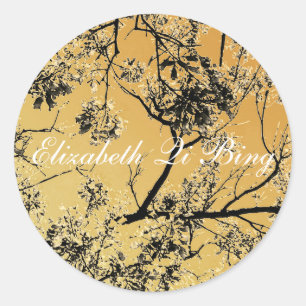Distressed Gold Oriental Blossoms Classic Round Sticker