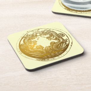 Distressed Golden Chinese Dragon Prosperity Wishes Coaster