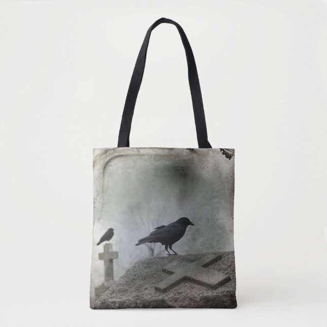 Distressed Gothic Crow Tote Bag (Front)