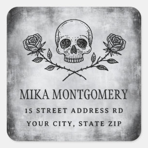 Distressed Gothic Skull and Rose return address Square Sticker