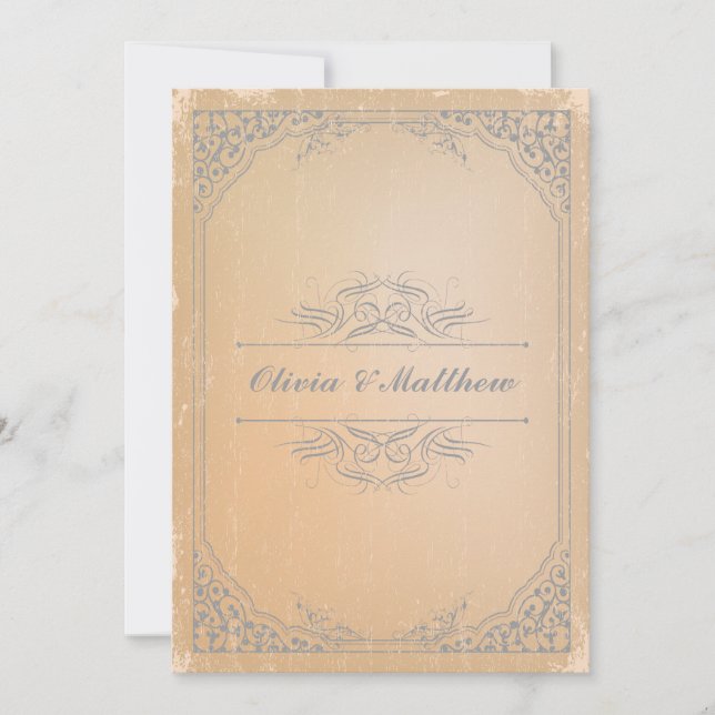 Distressed gunmetal grey vintage scroll wedding invitation (Front)