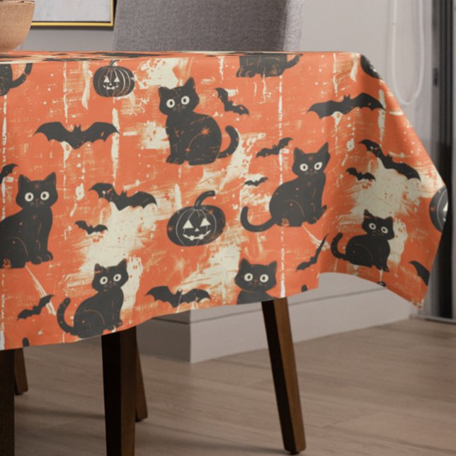 Distressed Halloween Black Cat Pumpkin Pattern Tablecloth (Creator Uploaded)