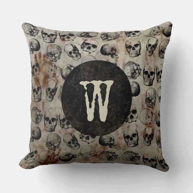 Distressed Halloween Vintage Skulls Monogram Cushion (Front)