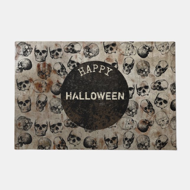 Distressed Happy Halloween Party Vintage Skulls Doormat (Front)