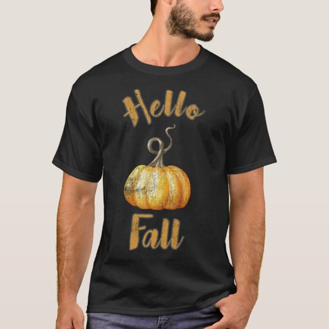 Distressed Hello Fall Pumpkin Design T-Shirt (Front)