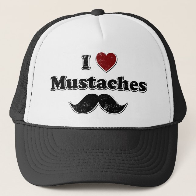 Distressed I Heart Moustaches Design Trucker Hat (Front)