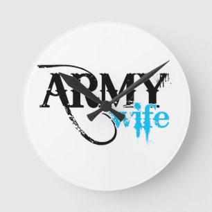 Distressed Lettering Army Wife Round Clock