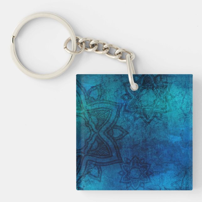Distressed Light Blue Mandala Pattern Key Ring (Front)