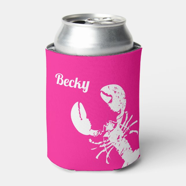 Distressed Lobster Print on Pink Fun Seafood Can Cooler (Can Front)