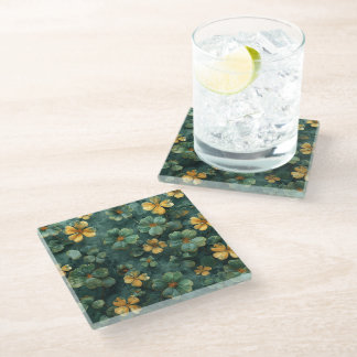 DISTRESSED LOOK GREEN & GOLD IRISH SHAMROCKS GLASS COASTER