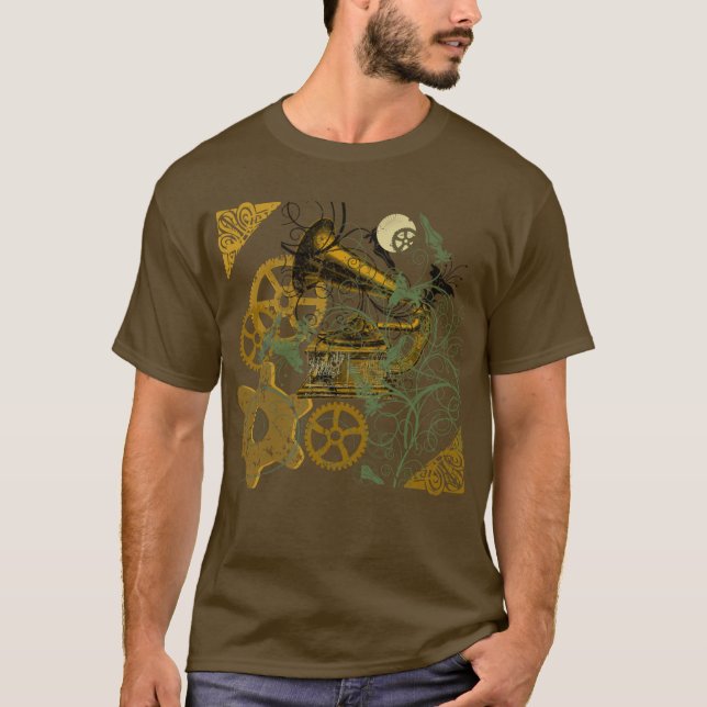 Distressed Look Steampunk Design T-Shirt (Front)