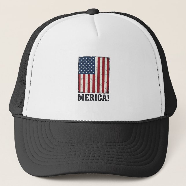 Distressed Merica Flag Patriotic Vector Shirt Desi Trucker Hat (Front)
