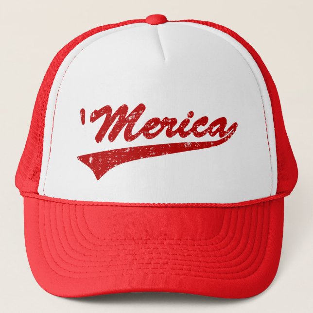 Distressed 'Merica Swoosh Trucker Hat (Red) (Front)