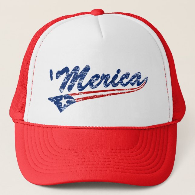 Distressed 'Merica US Flag Swoosh Trucker Hat (Front)