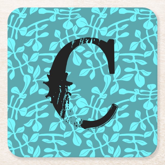 Distressed Monogram on Aqua Stylised Leaves Square Paper Coaster (Front)