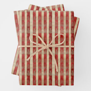 Distressed Motifs on Red & Ivory Stripes Wrapping Paper Sheet