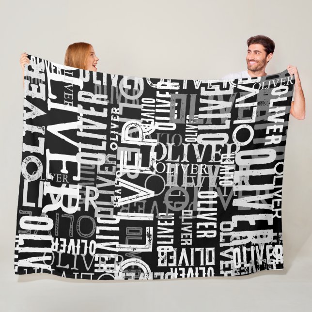 Distressed Names Replicated on Modern Black&White Fleece Blanket (In Situ)