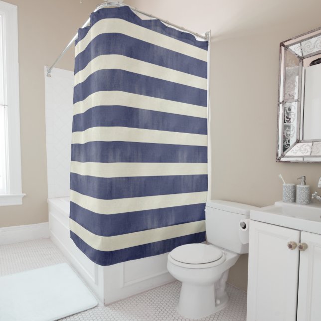 Distressed Navy Blue Wide Stripes Pattern Shower Curtain (In Situ)
