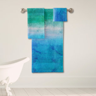 Distressed Ocean Blue Green Ombre Beach Bath Towel Set