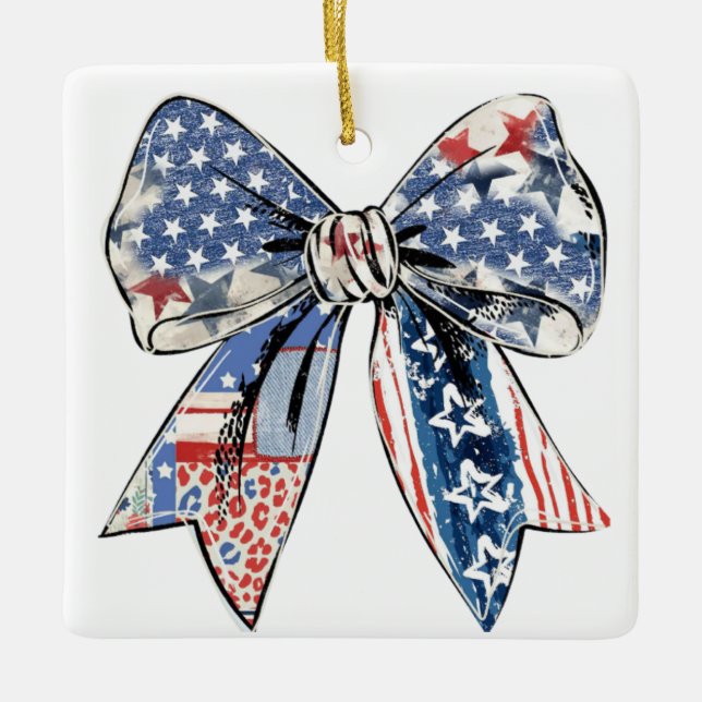 Distressed Patriotic Bow – USA Flag Print Design Ceramic Ornament (Front)