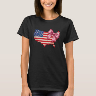 Distressed Pink Coquette Bow American Flag Map 4th T-Shirt