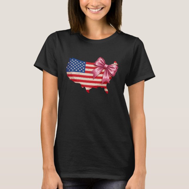 Distressed Pink Coquette Bow American Flag Map 4th T-Shirt (Front)