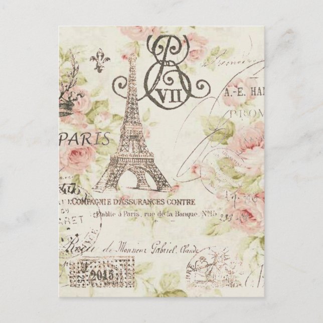 Distressed pink Floral Paris Eiffel Tower Postcard (Front)