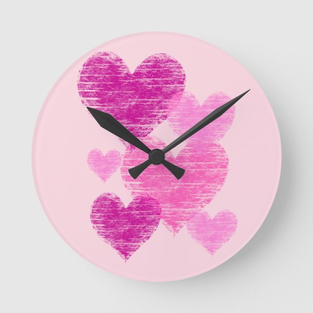 Distressed Pink Heart Collage Round Clock (Front)