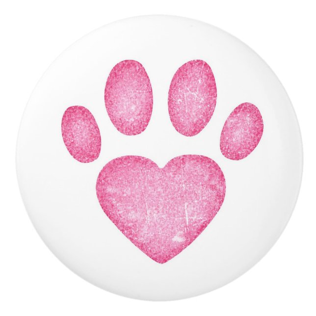 Distressed Pink Heart Pawprint Ceramic Knob (Front)