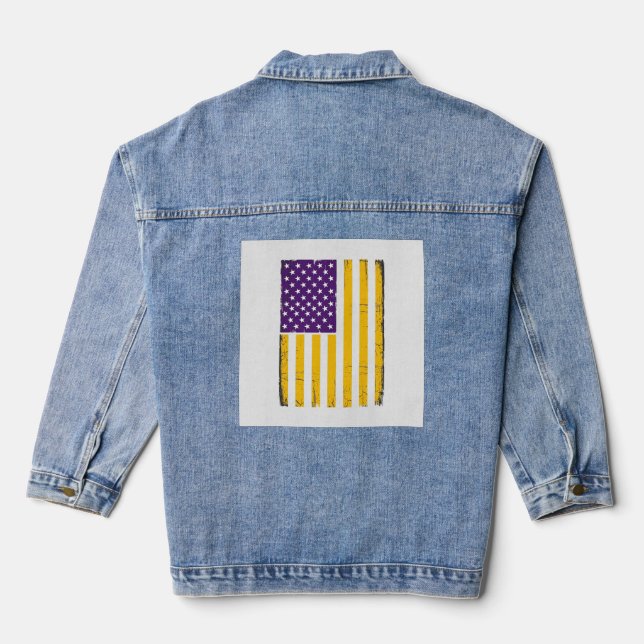 Distressed Purple and Gold American Flag Vector De Denim Jacket (Back)