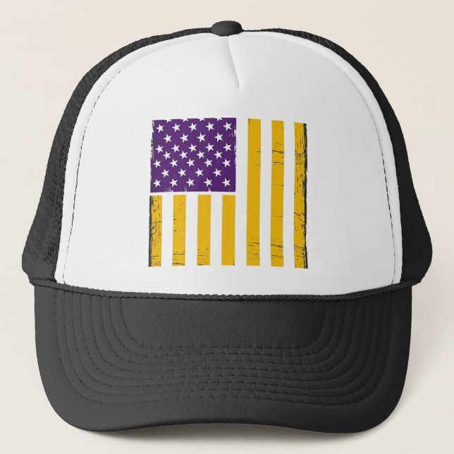 Distressed Purple and Gold American Flag Vector De Trucker Hat (Front)